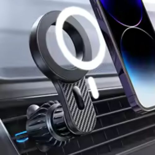 Vue rapprochée d’un support téléphone voiture magnétique avec finition élégante en noir mat.