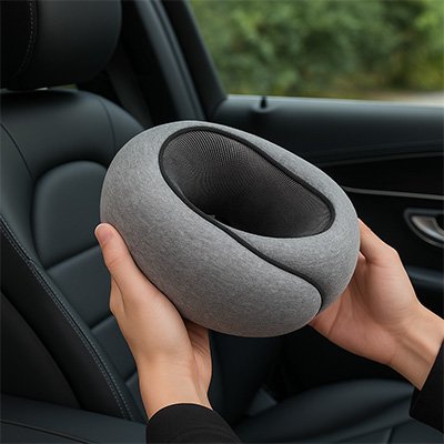 VUE DE FACE DU COUSSIN DE VOYAGE EN FORME D'ESCARGOT POUR MAINTIEN DE LA NUQUE