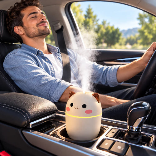 Humidificateur d'air voiture diffusant une brume visible
