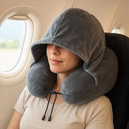 Oreiller de voyage en PVC durable recouvert de velours gris pour un usage intensif.