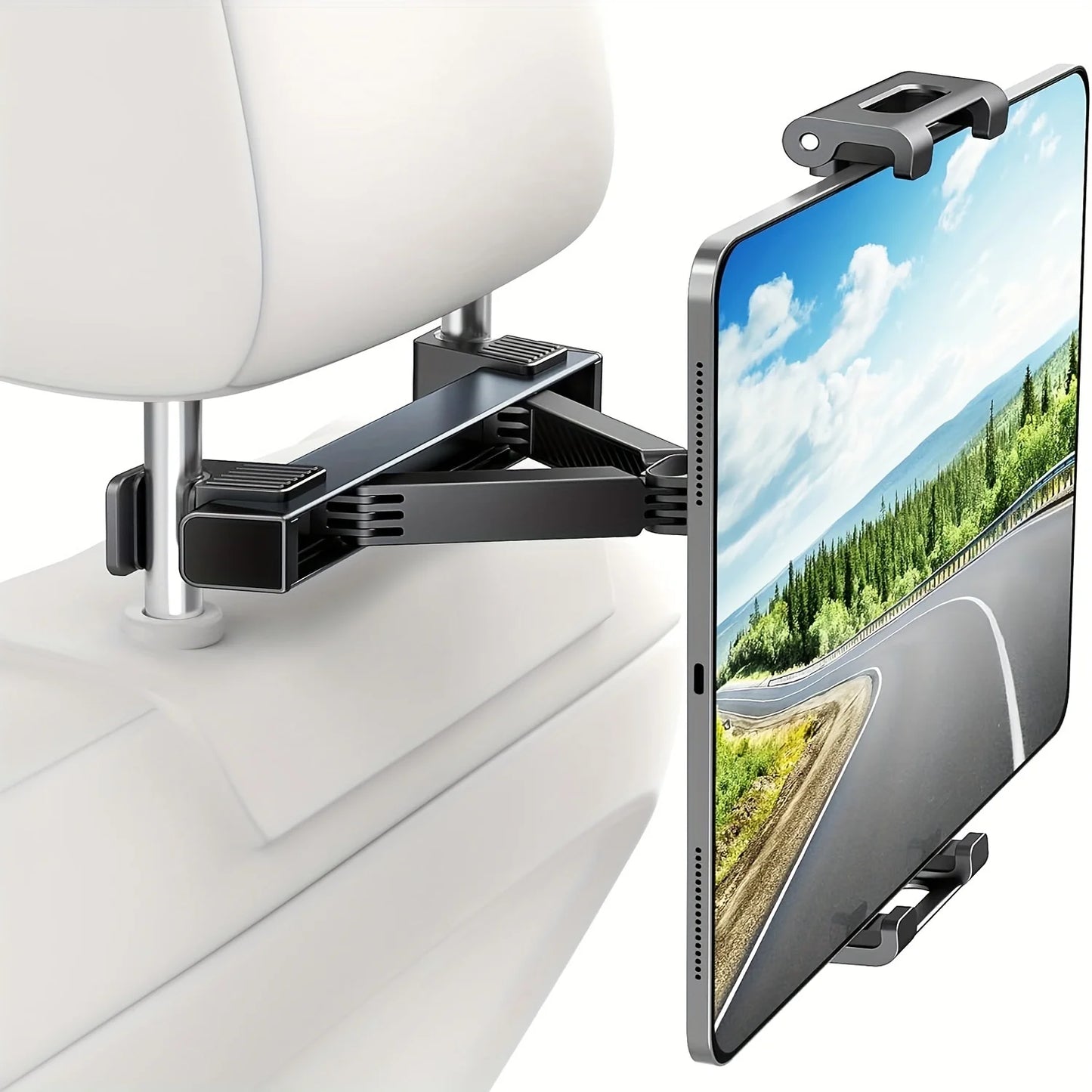 Support tablette voiture installé à l’arrière d’un siège en cuir, avec un smartphone en lecture vidéo.
