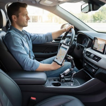 Support de tablette voiture élégante en finition noire mate s'adaptant à tous les intérieurs auto.