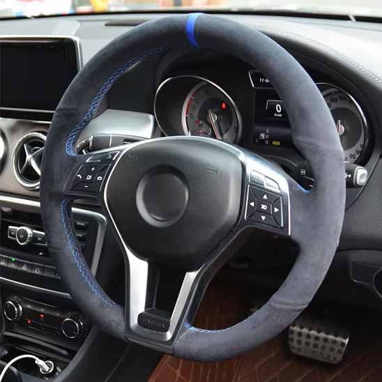 Housse volant de voiture Fil bleu couverture tressée en cuir souple pour volant automobile