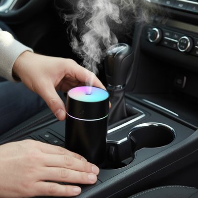 Humidificateur d air de voiture compact noir dans un porte-gobelet