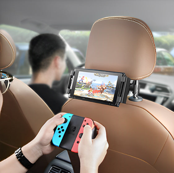 Vue latérale du support pour tablette voiture avec bras télescopique ajusté à mi-longueur