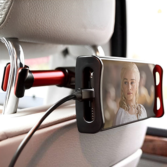 Support tablette pour voiture compatible avec toutes les tailles d’écran, affichant une série Netflix.
