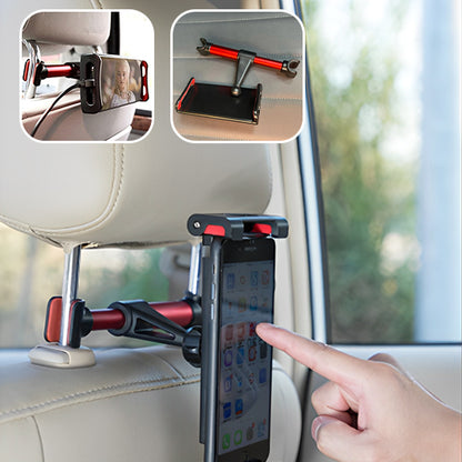 Support tablette pour voiture mis en scène dans une publicité lifestyle avec une famille en voyage.