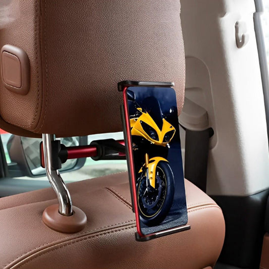 Support tablette pour voiture installé dans un siège arrière en cuir, avec une tablette Android.