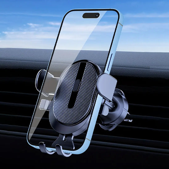 Support telephone pour voiture noir installé sur une grille d’aération ronde
