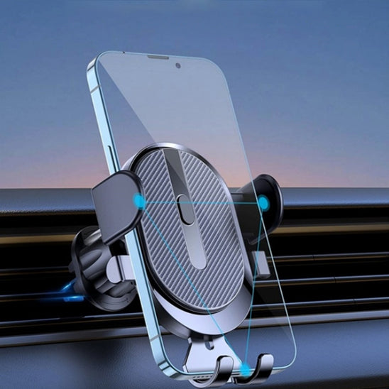Support telephone pour voiture noir en utilisation sur route avec un angle ajusté
