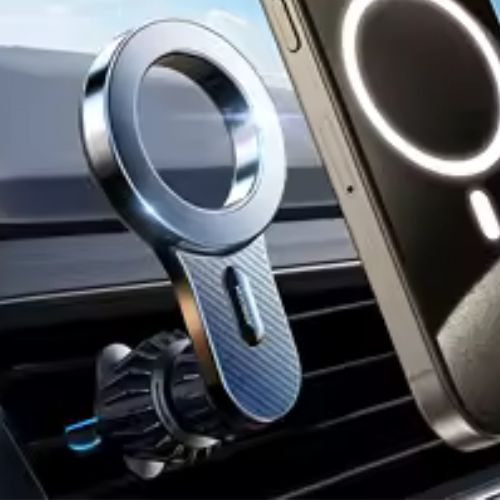 Support téléphone voiture magnétique noir fixé solidement sur une grille d’aération avec un smartphone en position verticale.