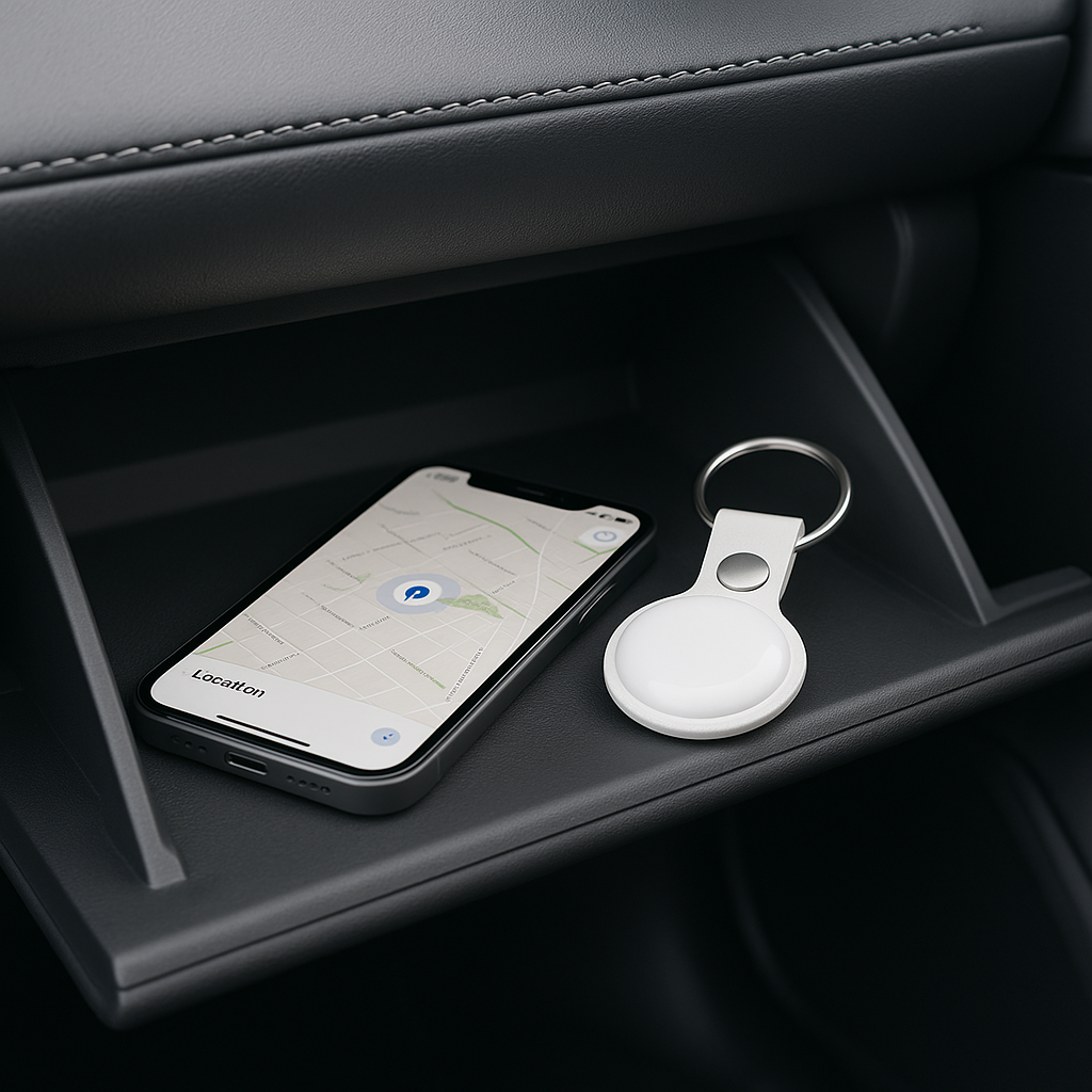 Traceur GPS sans abonnement rangé dans la boîte à gants pour un suivi sécurisé